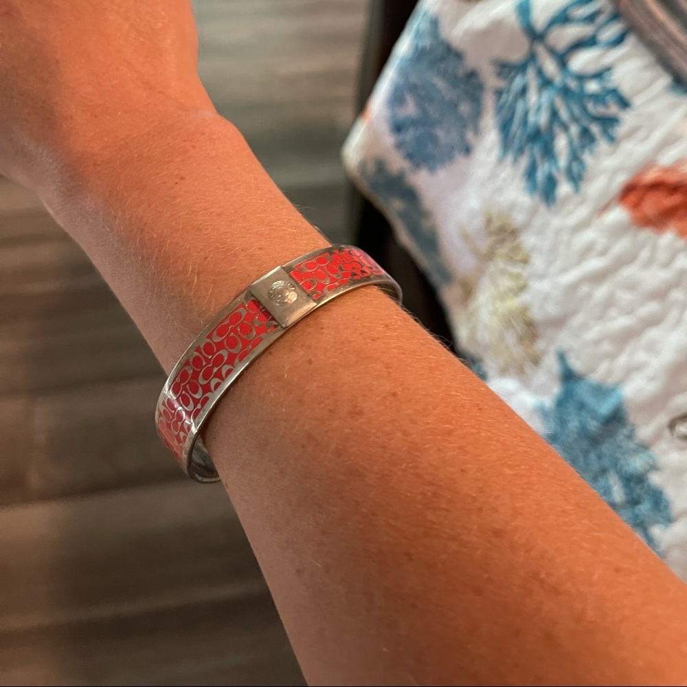 Coach Silver & Bright Coral CC logo Bangle Bracelet